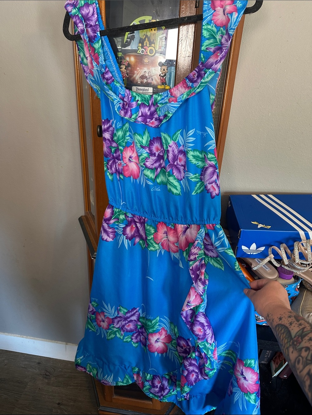 Tropical Maxi Dress in Bright Blue with Pink & Purple Hibiscus